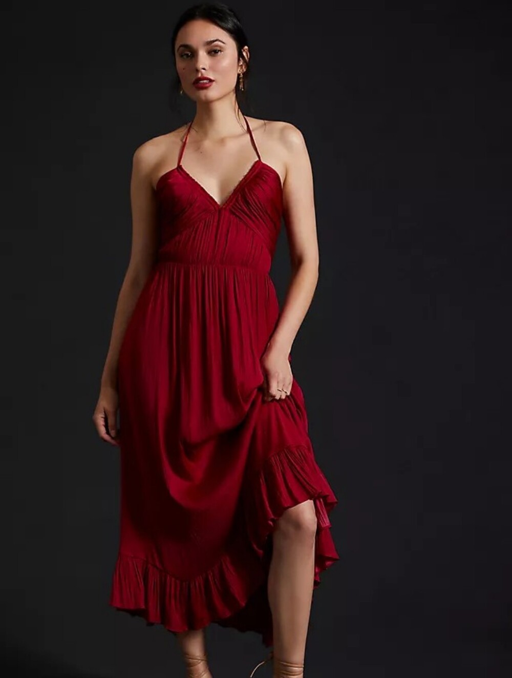 By Anthropologie Dress Womens Medium Red Maroon Maroon Satin Slip Ruched Smocked